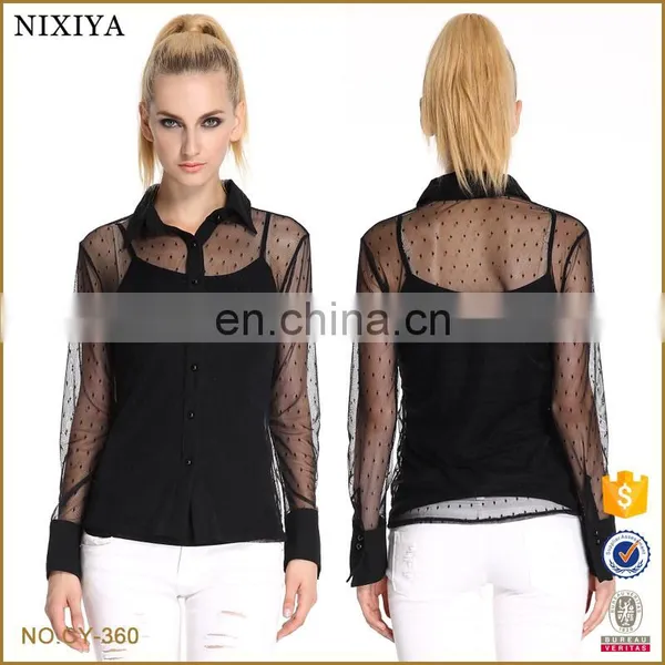 Factory Price Cheap Embellished Blouse, Black Mesh Blouse , Sexy See-through Blouse For Ladies photo-2
