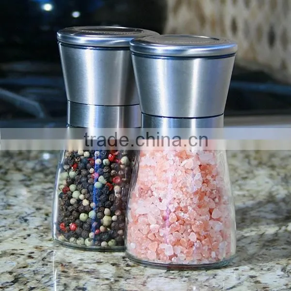 2 Package of 2 Salt Mill and Pepper Grinder Glass Body Brushed Stainless Steel
