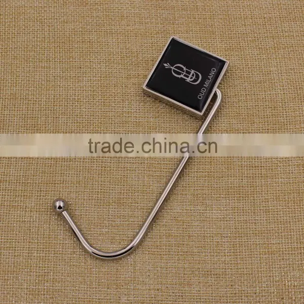 2016 Hot Sale Custom Logo Metal Blank Purse Hanger Bag Hanger With Epoxy Sticker
