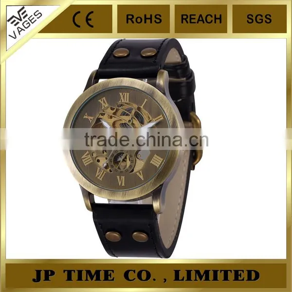 New Retro Skeleton Automatic Mechanical Vintage Leather Copper Wrist Watch photo-3