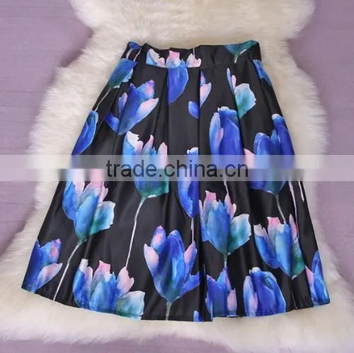 Women Fashion Retro Elegant Elastic High Waist Zipper Flower Print Pleated Midi Skirt photo-4