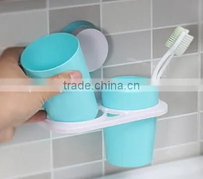 Sucker Hanging Plastic Two Cup Toothbrush Holder photo-4
