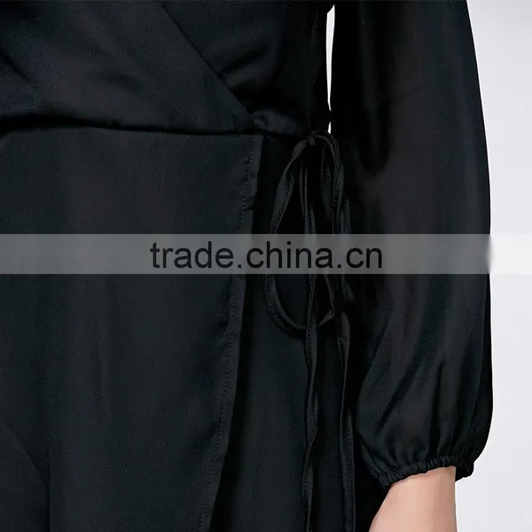 Solid Ladies Lace-up Puff Sleeve Plunging Neckline Mini Chiffon Dress photo-6