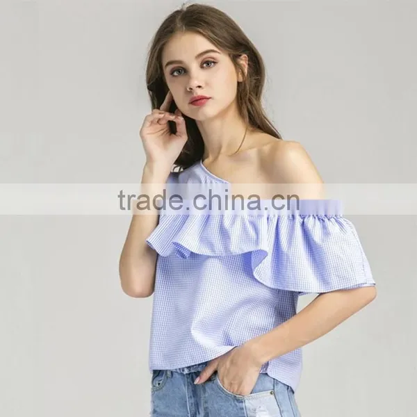 HOT Style Plaid Flouncing Short Sleeve, Women Sexy One-shoulder Blouse photo-3