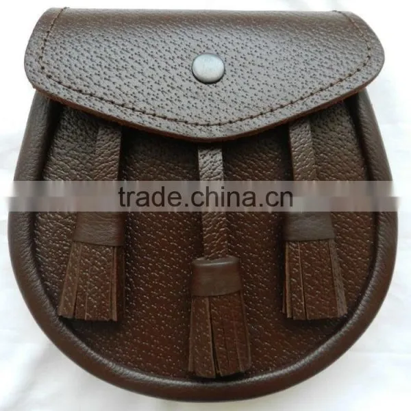 New Scottish Brown Three Tassel Leather Sporran For Kilt With Chain Belt photo-2