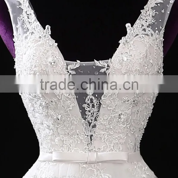 2017 Wholesale Sweetheart Sleeveless Lace Wedding Dresses Beaded V-neck Nackline Mermaid Lace Wedding Dress F13001 photo-2
