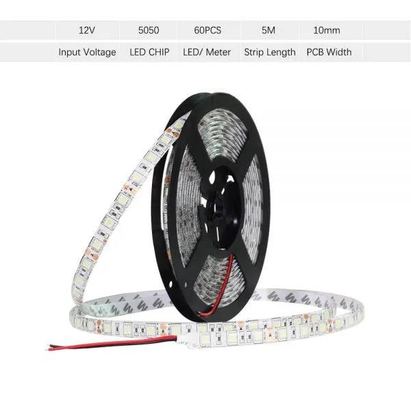 DC12V LED Strip 5050 60LEDs /m 5M IP20 IP65 LED Flexible Strip Light 5050 SMF + DC12V Adapter White / Warm White photo-2