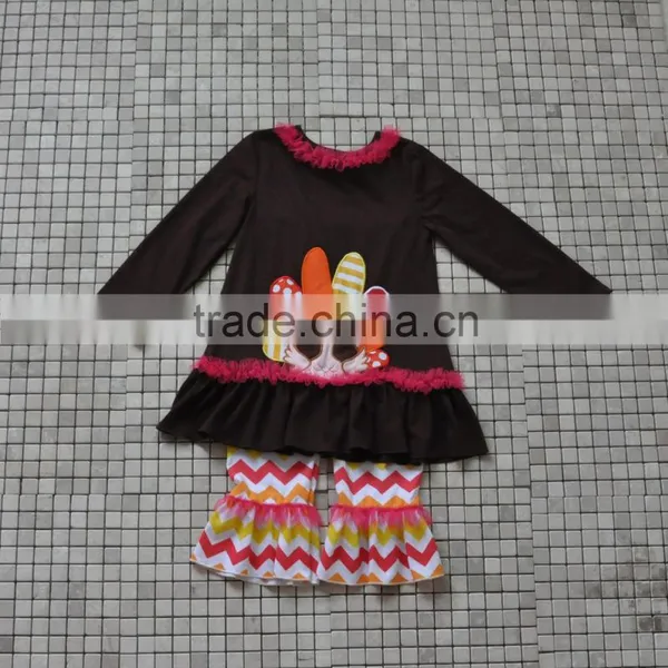 New Coming Brown Turkey Top Matching Orange and White Chevron Pants Thanksgiving Baby Clothes photo-6