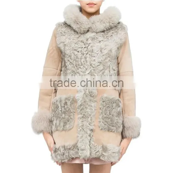 Popular Women Sheepskin Winter Hooded Coat With Fox Fur photo-2