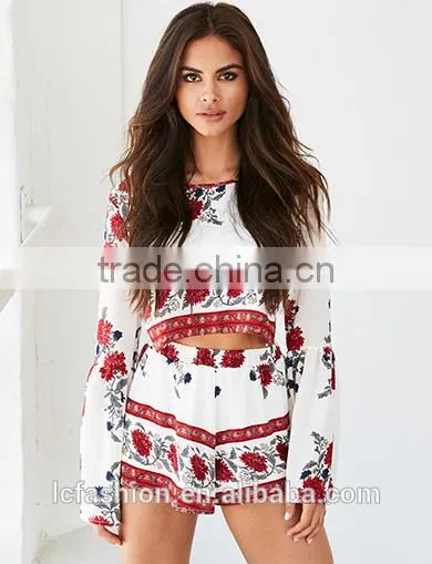 Custom Fashion Floral Print Two Piece Set Women Clothing Sexy Crop Top and Short Suits photo-2