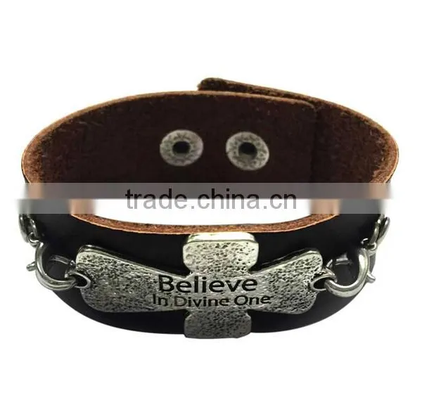 Words Engraved Leather Bracelet,genuine Leather Cross Bracelets,punk Style Wide Bracelets photo-2