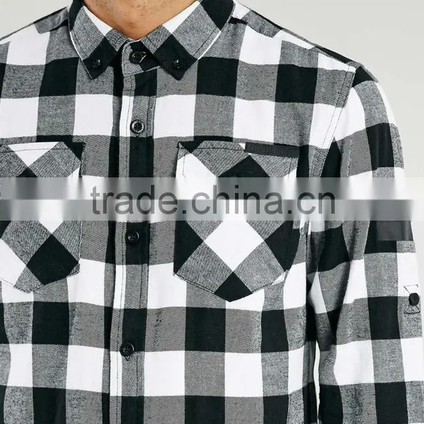 High Quality Mens Casual Shirt With Pocket Black White Plaid Shirt photo-2