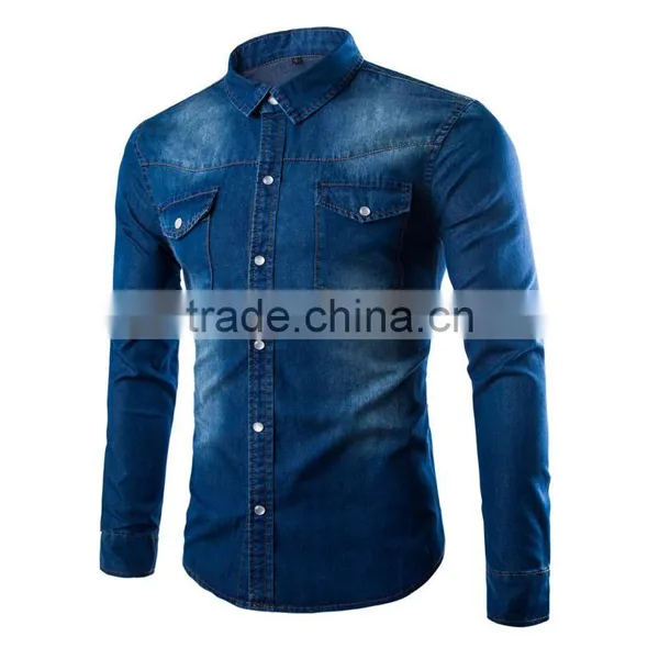 Partial Bleaching Blue Denim Men Shirts photo-2