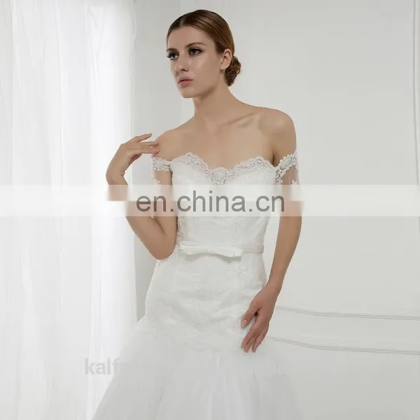 EBL-2835 A-line Scoope Sweetheart Short Sleeve Thick Lace Applique Bow Sash Fanbulous Mermaid Wedding Dress 2016 photo-3
