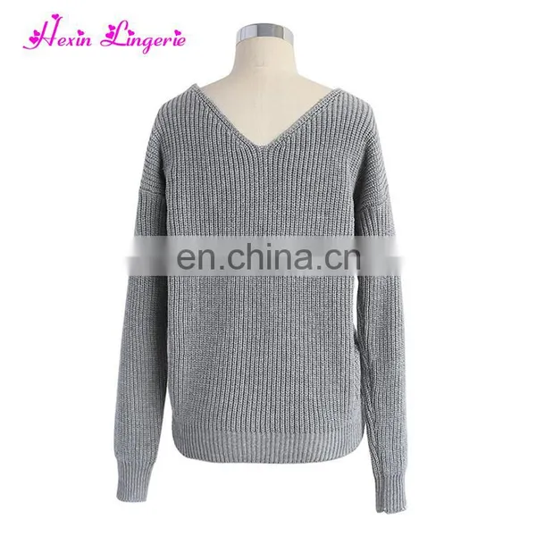 New Arrival Sexy Gray v Neck Ladies Fancy off Shoulder Custom Knitted Cashmere Sweater photo-4