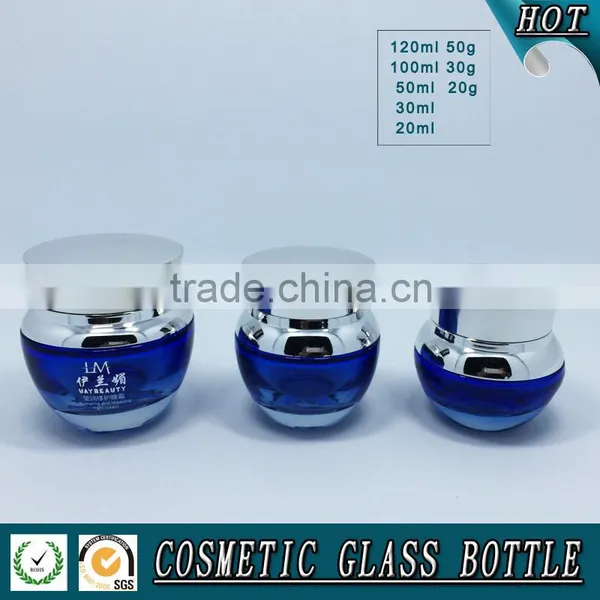 Cosmetics Packaging Bule Colored Glass Pump Bottle and Glass Cosmetic Jar photo-3