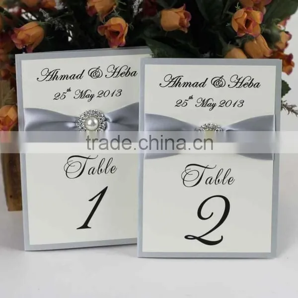 Elegant Handmade Wedding Place Card With Pearl Brooch and Ribbon