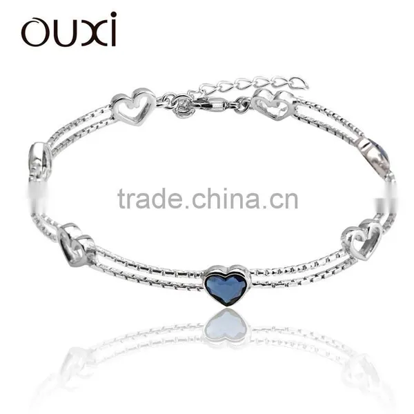 OUXI Concise Style Heart Shaped Silver&Blue Crystal Chain Bracelet Y50005
