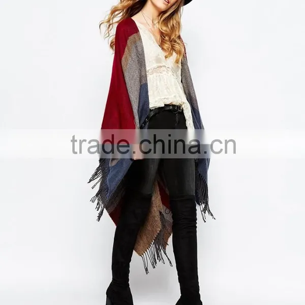 Elegant Striped Design Poncho With Fringe Western Women Tassel Trim Poncho photo-3