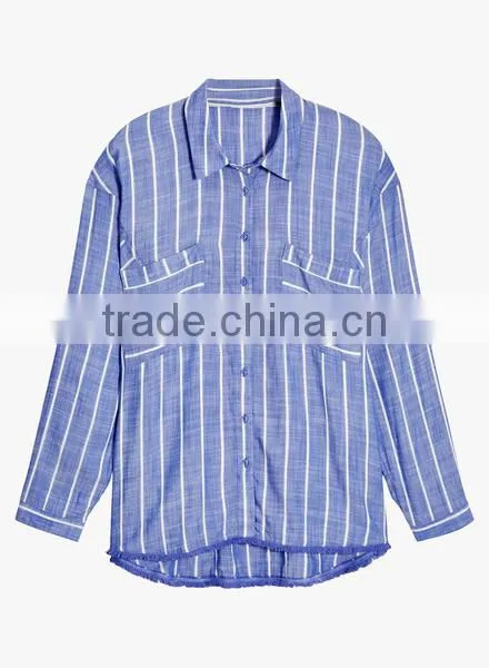 Wholesale 2017 Custom Ladies Fashion Frill Blouse Stripes Relaxed Ruffle Shirts photo-5