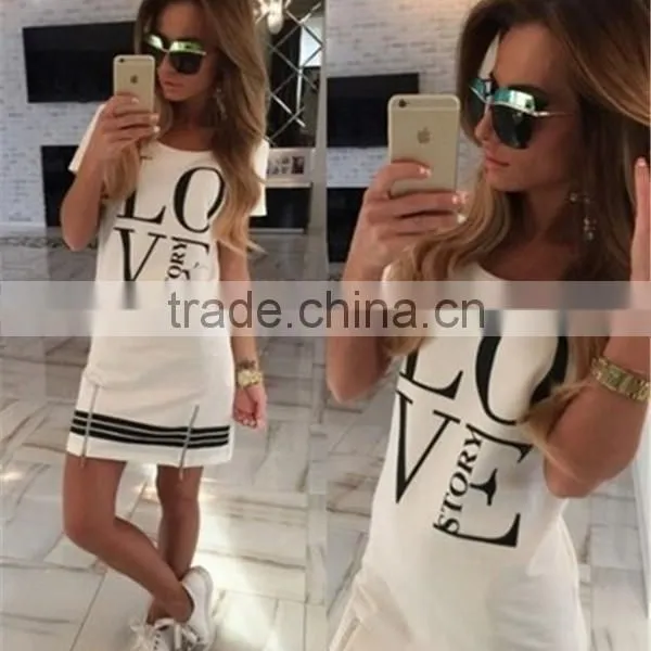 1PCS M-XL Women Love Letter Print O Neck Short Sleeve Zipper Long Above Knee Straight Dress Summer Casual Dress Tops Blouse photo-3