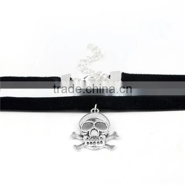 Custom Antique Silver Black Skull Velveteen Halloween Choker Necklace photo-3