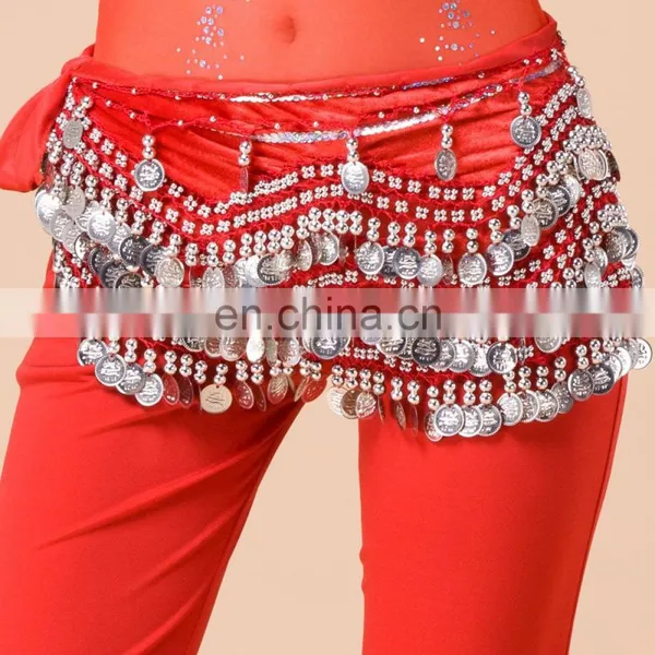 Y-2005 Indian 256 Silver Coins Performance Velvet Belly Dance Hip Scarf With Multy Color photo-2