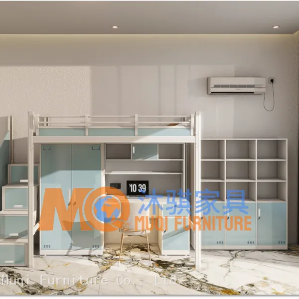 Multifunctional Metal Loft Bed With Desk, Wardrobe and Storage Staircase for Student Dormitory
