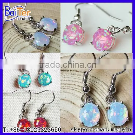Man Made Synthetic Birthstone Opal Earring Stud Jewelry S925 Fire Opal Body Jewelry/925 Sterling Silver Round Opal Stud Earring photo-4