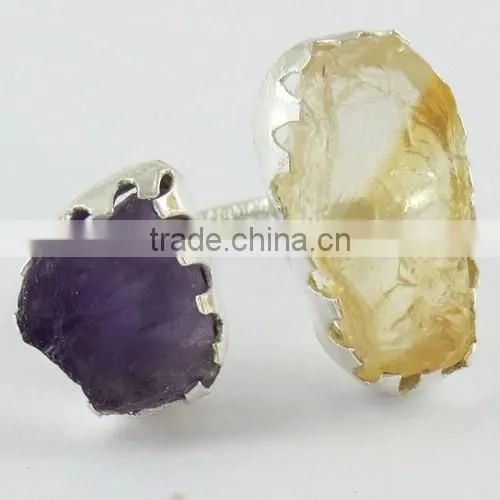 Rough Stone !! Ctrine & Amethyst !! Silver Gold Plated Ring, Handmade Silver Jewelry, Silver Jewelry photo-2