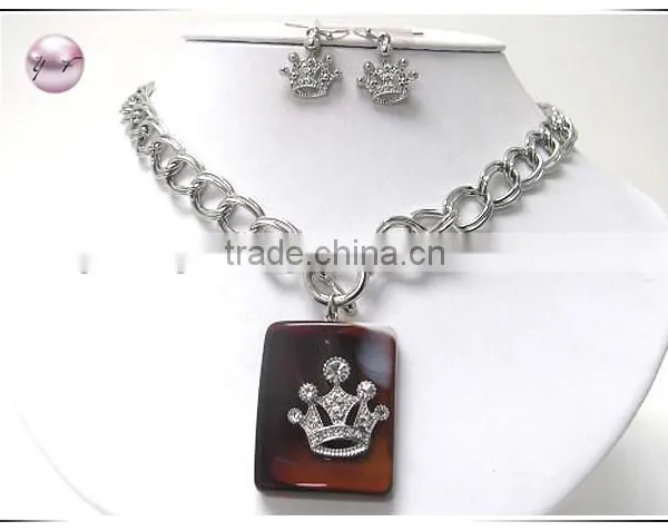Crystal crown on formica stone pendant toggle chain necklace earring set