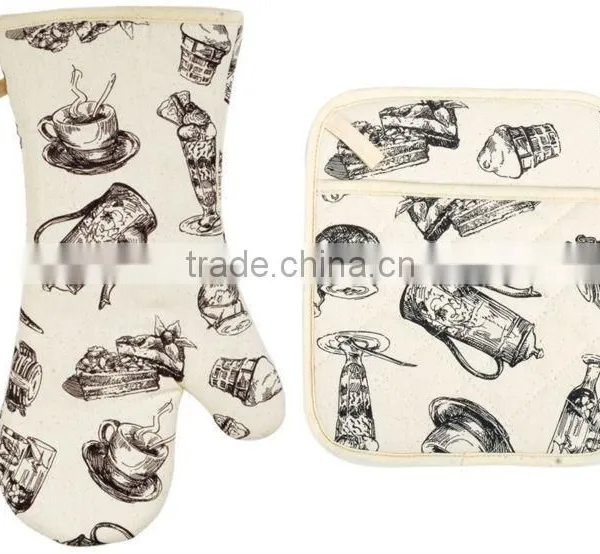 2015 NEW DESIGN WITH GREY CLOTH PRINTING TABLEWARE COTTON (OVEN MITT& POT HOLDER) KITCHEN SET