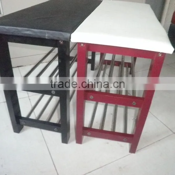 Wood Shoe Bench With Two Metal Racks and Fabric Floral Design Seat Cushion photo-4