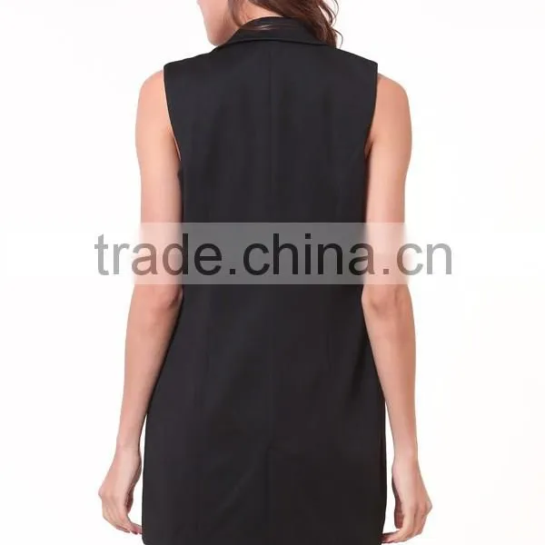 Women's Black Lapel Sleeveless Pockets Blazer photo-3