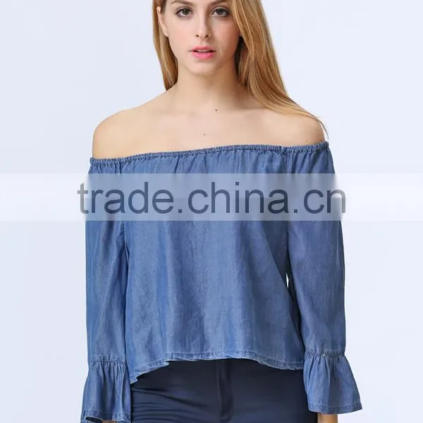 New Design Women Clothing Manufacturers Off Shoulder Denim Blouse For Women photo-3