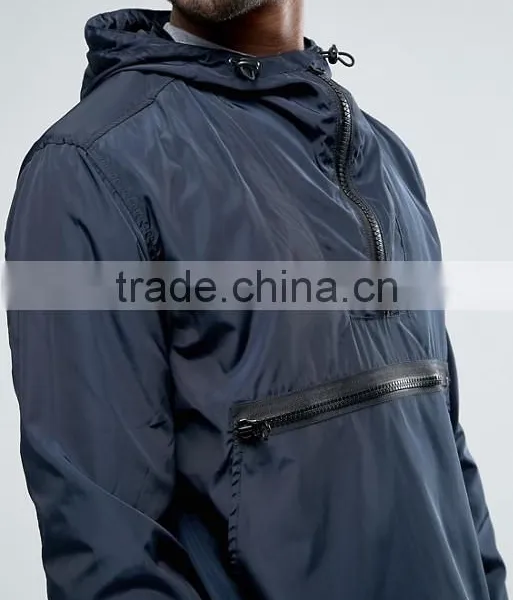Wholesale Custom Best Price High Quality New Design Navy Zip Front Drawstring Hood 100% Polyester Woven Casual Men Jacket photo-3