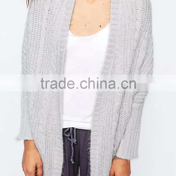 Women Plus-Size Loose Open Front Stitch & Pieces Cocoon Bat Sleeve Plain Stitch Knitwear Cardigan Gray Sweater photo-4