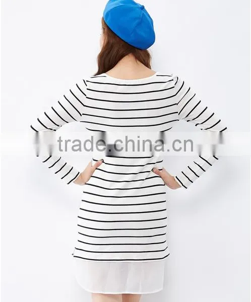 For Women This White Collar and Body Text Printed Chiffon Stitching Knitted Stripes Long-sleeved Dress photo-2