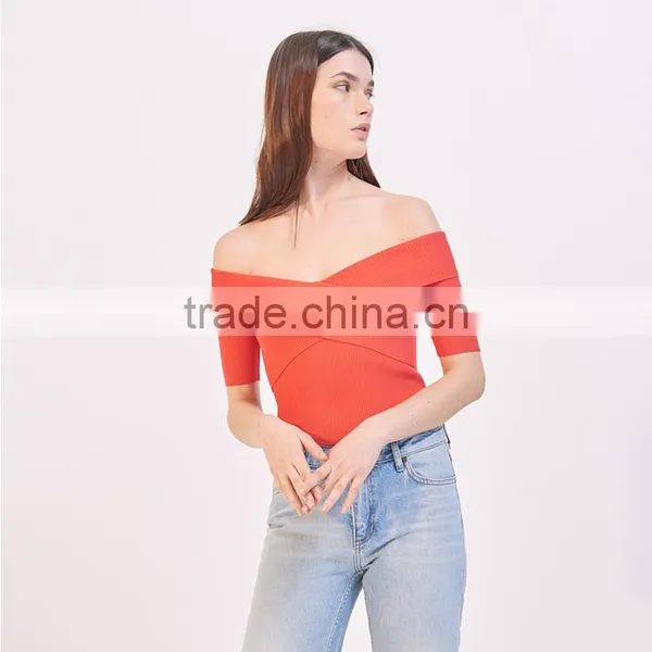 Elasticated Knit Crossover Shape V-neck Short Sleeves Strapless Tank photo-4