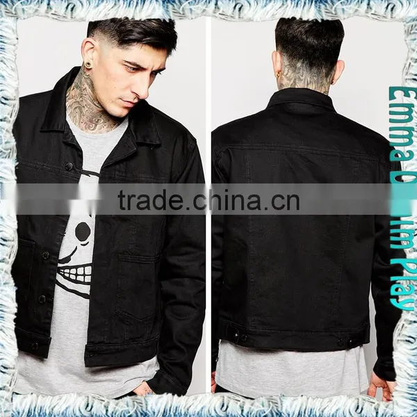 2016 Fashion Mens Long Sleeves Black Cotton Cropped Jean Denim Jackets Wholesale photo-2