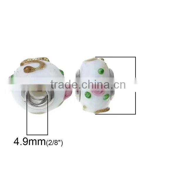 Lampwork Glass European Style Large Hole Beads Round White Pink Flower Golden " S " With 304 Stainless Steel Silver Tone Core photo-2