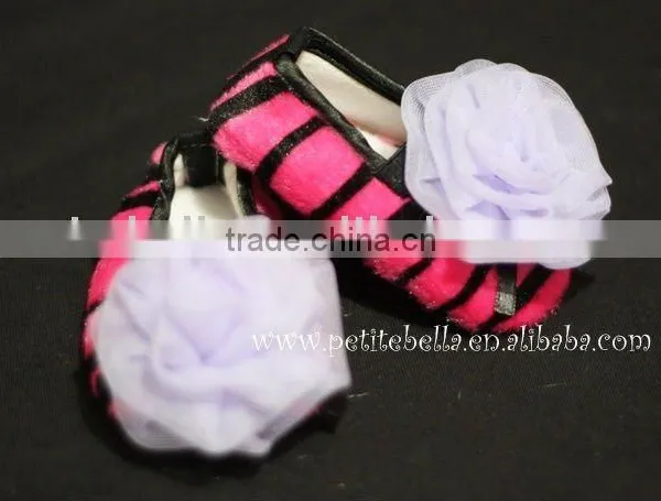 Hot Pink Zebra Print Shoes With Light Purple Rosettes Pettishoes Crib Shoes MAS33