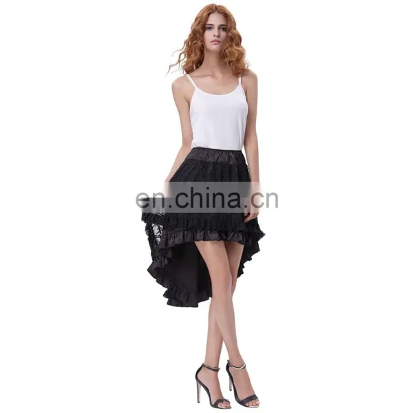 Belle Poque Vintage Retro Lace Satin Elastic Waist Asymmetrical High-Low Black Skirt BP000329-1 photo-2