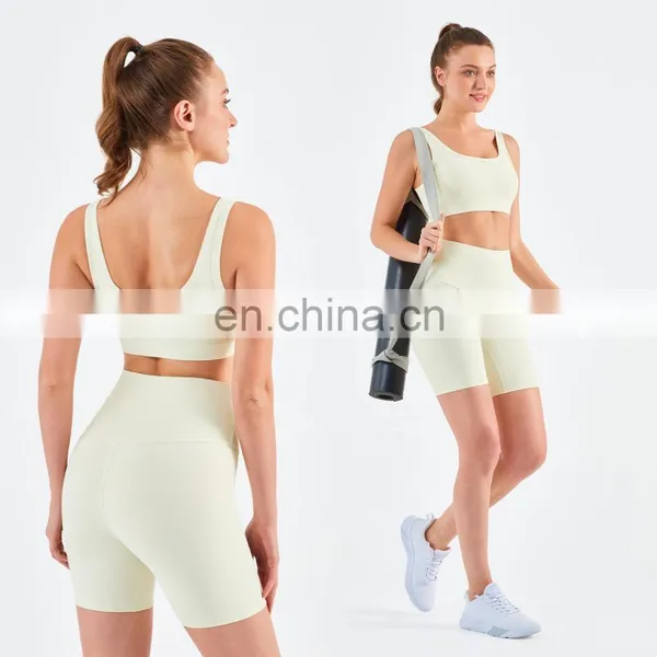 Athletic Ribbed Yoga Fitness Women Square Neckline Sports Bra Biker Shorts Set Gym photo-4