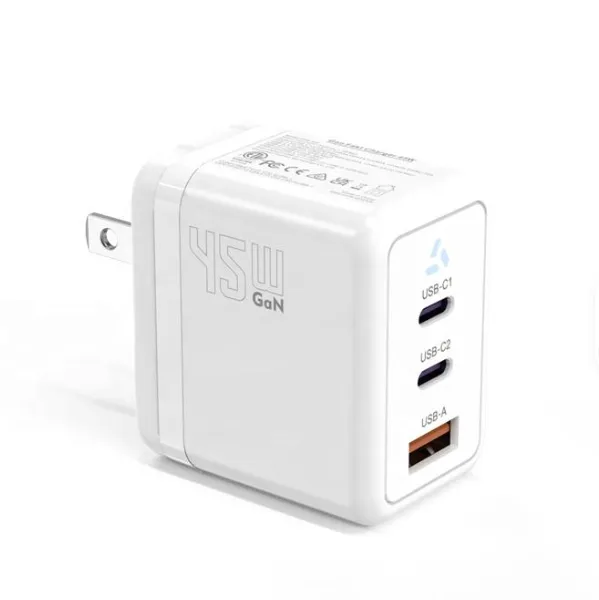 45W GaN USB-C Fast Charger With Dual Type-C and USB-A Ports PD Wall Charging Adapter