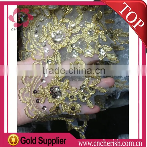 Fashion Gold Embroidered Mesh Lace Fabric and French Beaded Lace for Wedding Dress Quality Choice