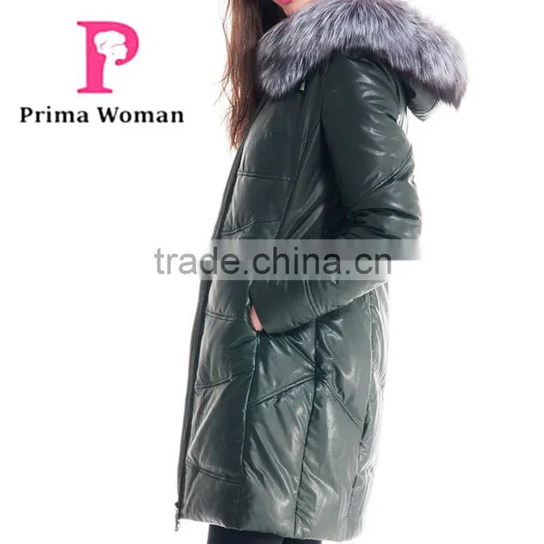 Winter Women Medium Length Slim Fit Leather Coat With Silver Fox Hat Overcoat photo-6