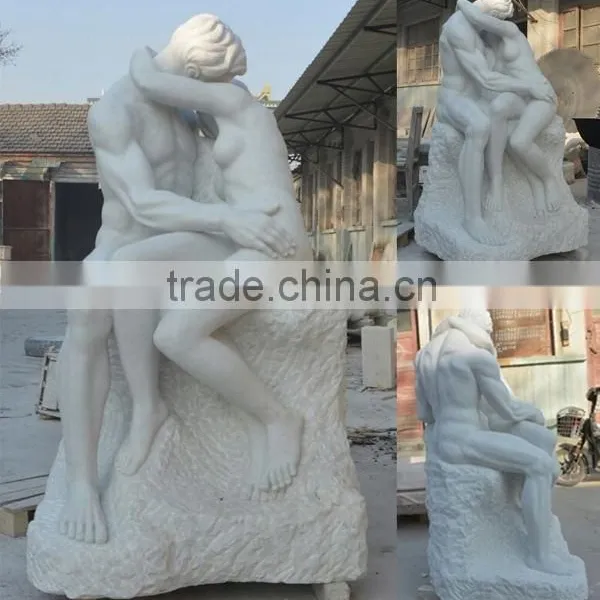 Hand Carved White Marble Man and Woman Kiss Statue photo-2