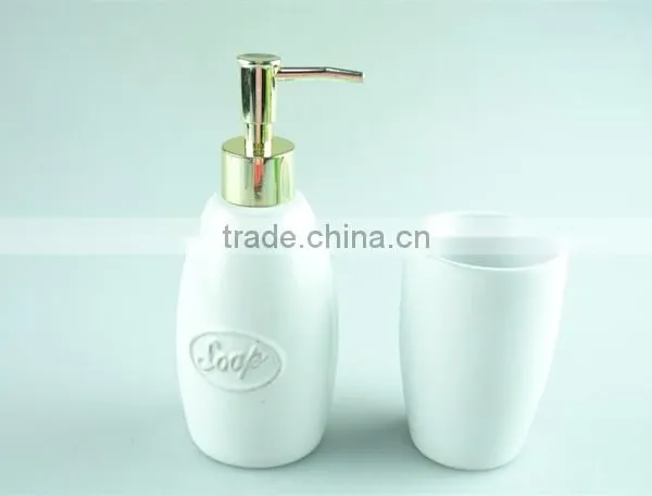 Ceramic Bathroom Vanity Set 2 /lotion Dispenser & Tumbler, Gold Dispenser photo-2