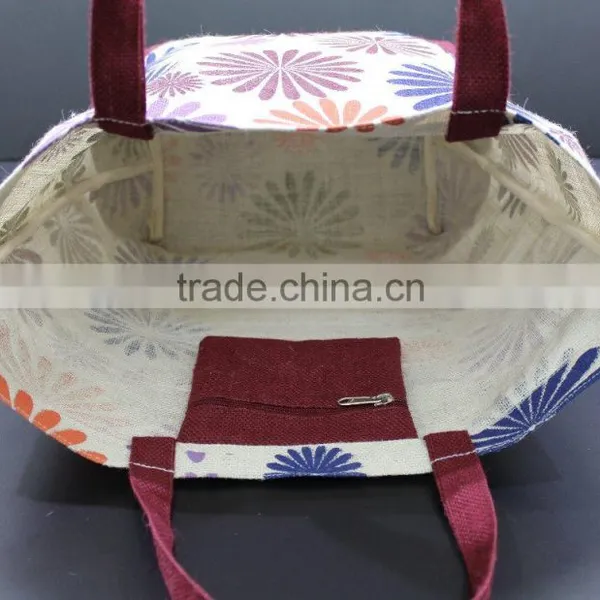 Flora Print Jute Shopping Bag With Bottom One Color Fabric Jute photo-5